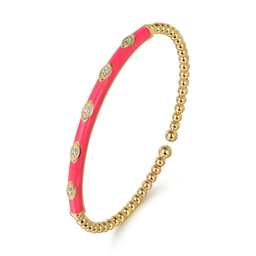 18K Yellow Gold Bujukan Beads and Diamond Split Bangle with Fuchsia Enamel