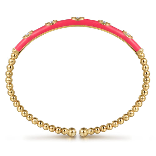 18K Yellow Gold Bujukan Beads and Diamond Split Bangle with Fuchsia Enamel