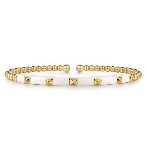 18K Yellow Gold Bujukan Beads and Pyramid Split Bangle with White Enamel