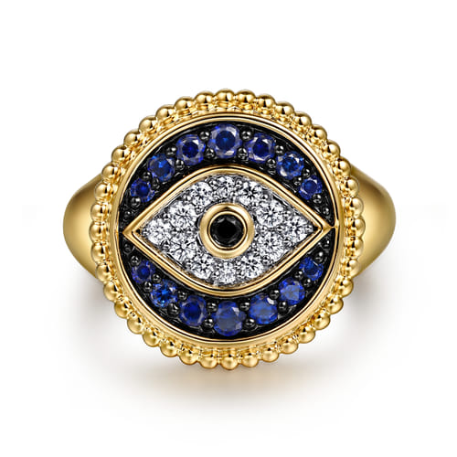 18K Yellow Gold Bujukan Diamond and Multi Stones Evil Eye Signet Ring 18K Yellow Gold Bujukan Diamond and Multi Stones Evil Eye Signet Ring
