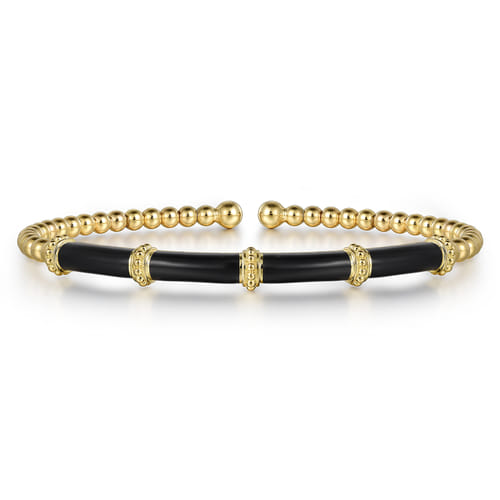 18K Yellow Gold Bujukan and Bar Split Bangle with Black Enamel