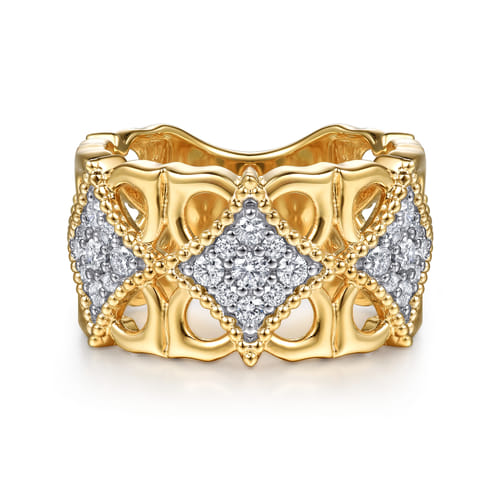 18K Yellow Gold Bujukan and Diamond Floral Wide Band Ring
