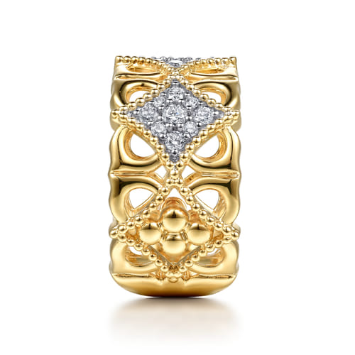 18K Yellow Gold Bujukan and Diamond Floral Wide Band Ring