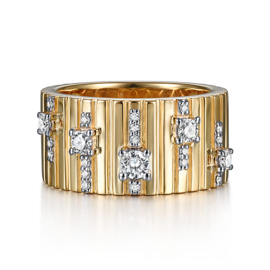 Gabriel - 18K Yellow Gold Contemporary Diamond Station Wide Band Ring Gabriel - 18K Yellow Gold Contemporary Diamond Station Wide Band Ring