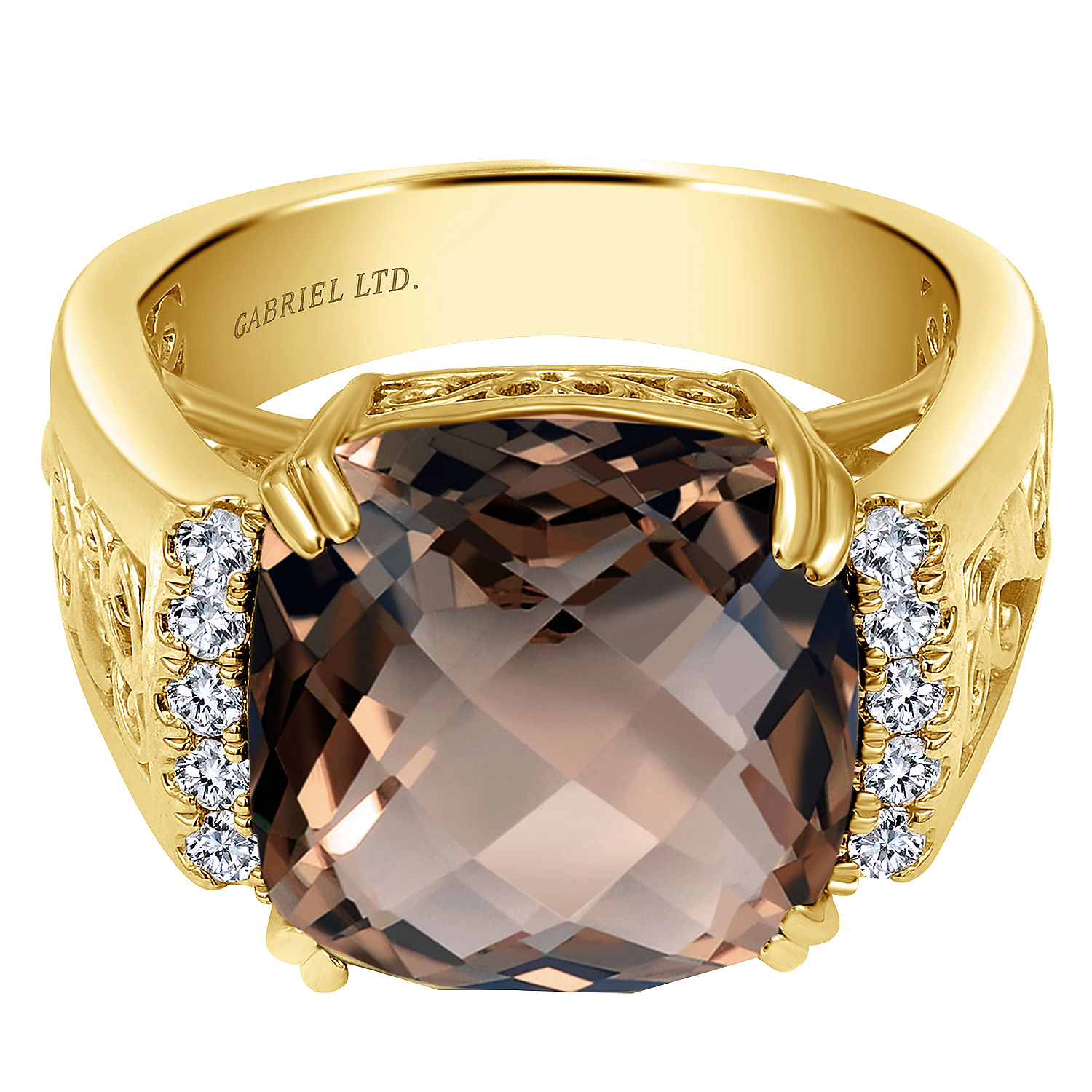 18K Yellow Gold Cushion Cut Smoky Quartz and Diamond Accent Wide Ring