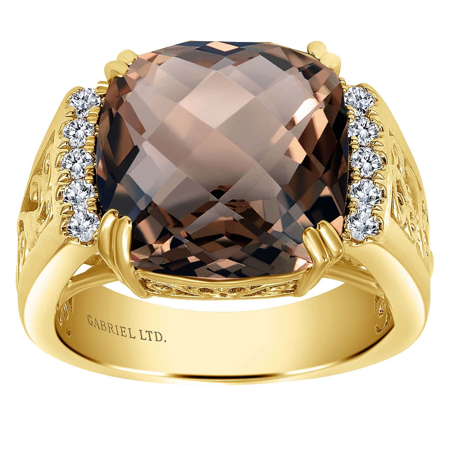 18K Yellow Gold Cushion Cut Smoky Quartz and Diamond Accent Wide Ring