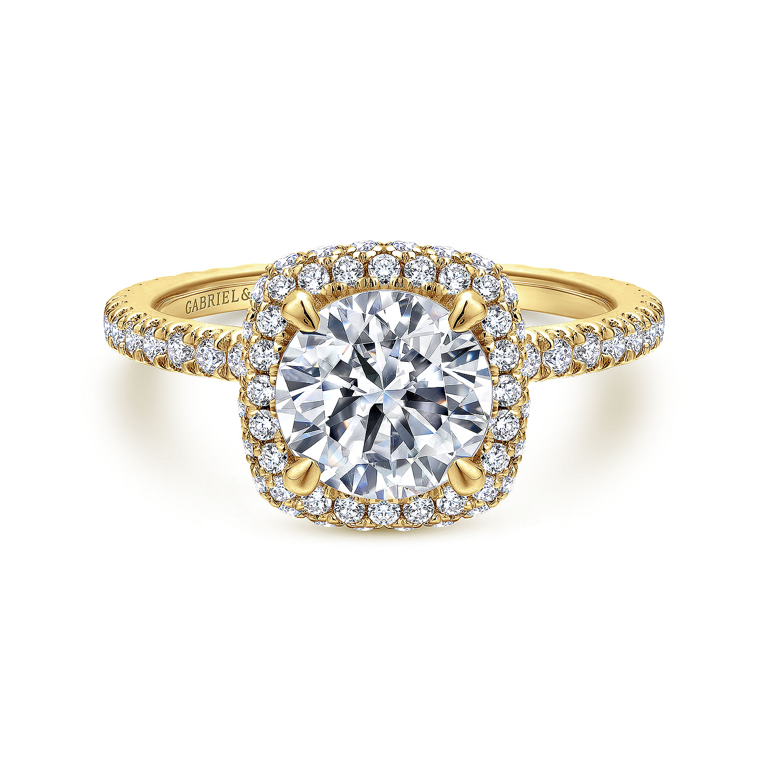 Gabriel - 18K Yellow Gold Cushion Halo Round Diamond Engagement Ring