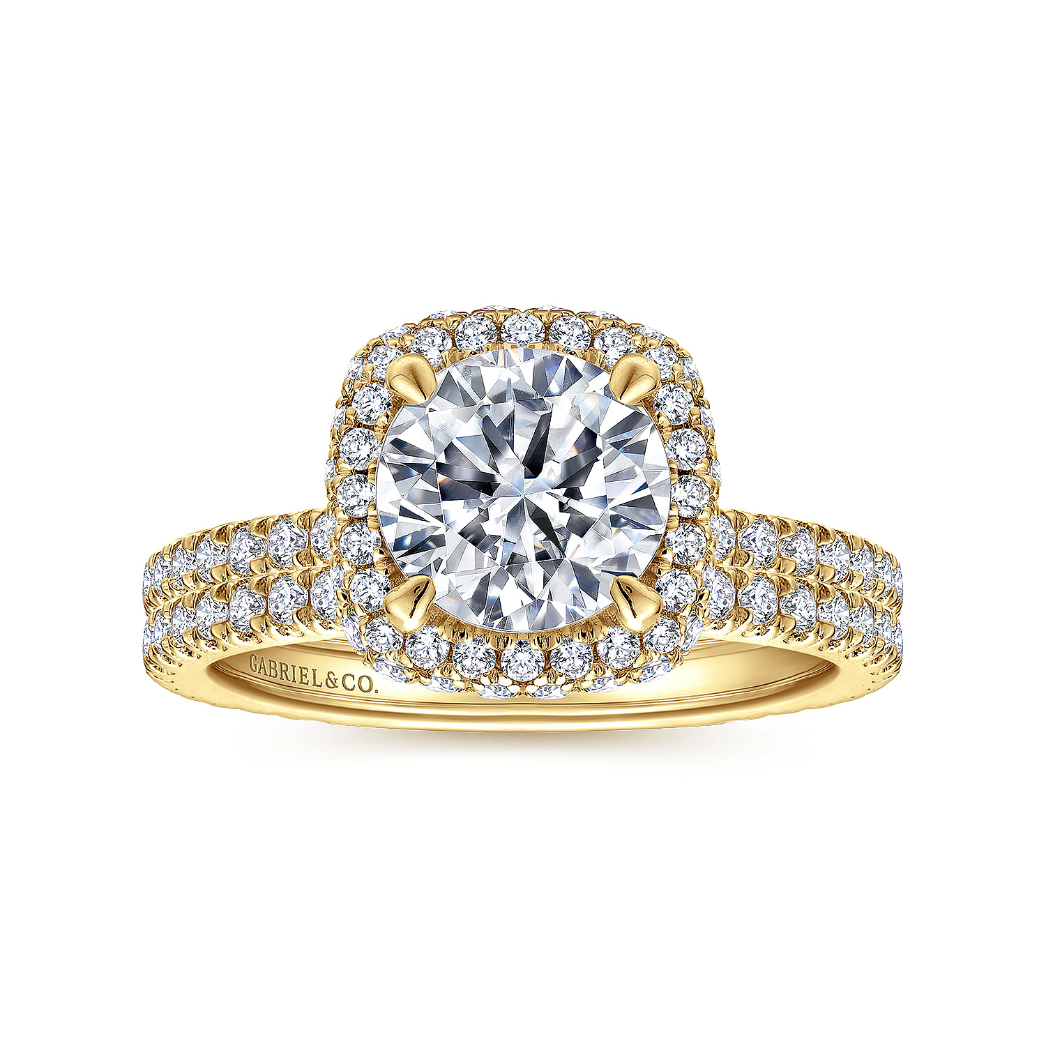 18K Yellow Gold Cushion Halo Round Diamond Engagement Ring