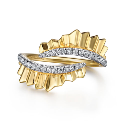 18K Yellow Gold Diamond Bypass Ring with Diamond Cut Texture