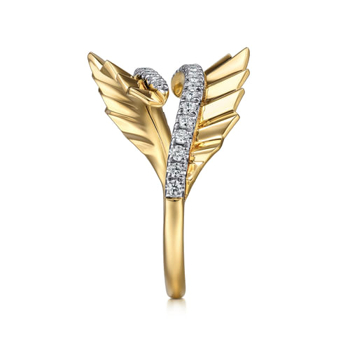 18K Yellow Gold Diamond Bypass Ring with Diamond Cut Texture