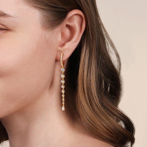 18K Yellow Gold Diamond Huggie Drop Earrings