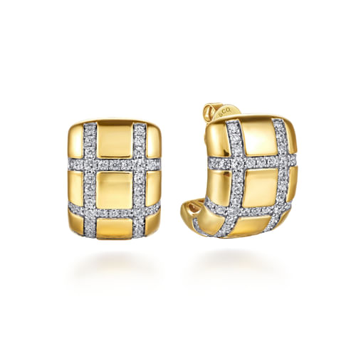 18K Yellow Gold Diamond J Hoop Stud Earrings