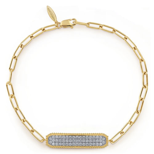 18K Yellow Gold Diamond Pav¿ª Wide Bar Hollow Chain Bracelet