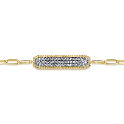 18K Yellow Gold Diamond Pav¿ª Wide Bar Hollow Chain Bracelet