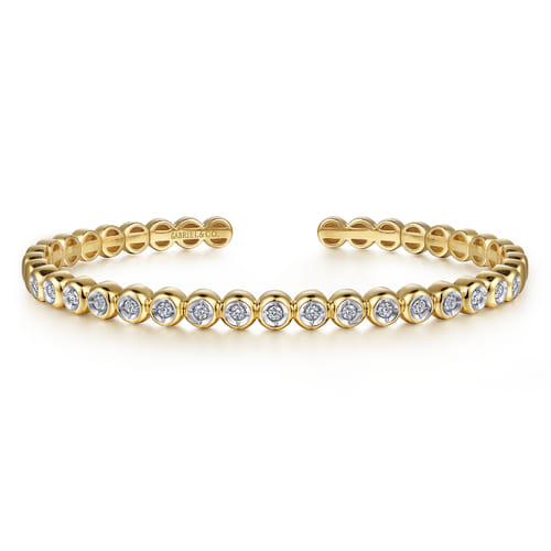 18K Yellow Gold Diamond Station Open Bangle in size 6.5