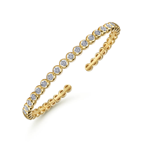 18K Yellow Gold Diamond Station Open Bangle in size 6.5