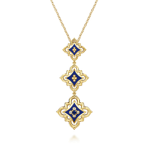 18K Yellow Gold Diamond and Blue Sapphire Beaded Floral Drop Necklace with Chrome Blue Enamel