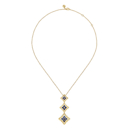 18K Yellow Gold Diamond and Blue Sapphire Beaded Floral Drop Necklace with Chrome Blue Enamel