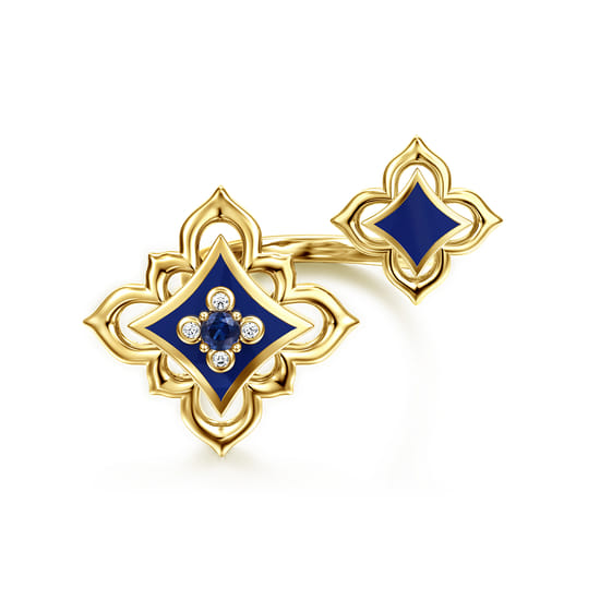 18K Yellow Gold Diamond and Blue Sapphire Floral Open Ring with Chrome Blue Enamel