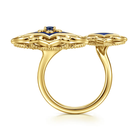 18K Yellow Gold Diamond and Blue Sapphire Floral Open Ring with Chrome Blue Enamel angle 2