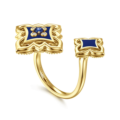 18K Yellow Gold Diamond and Blue Sapphire Floral Open Ring with Chrome Blue Enamel