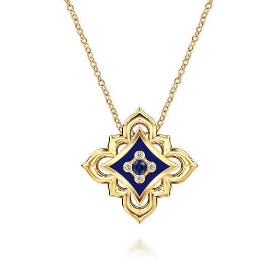 Gabriel - 18K Yellow Gold Diamond and Blue Sapphire Floral Pendant Necklace with Chrome Blue Enamel