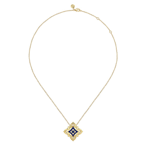 18K Yellow Gold Diamond and Blue Sapphire Floral Pendant Necklace with Chrome Blue Enamel