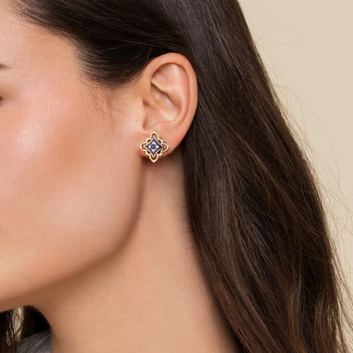 18K Yellow Gold Diamond and Blue Sapphire Floral Stud Earrings with Chrome Blue Enamel