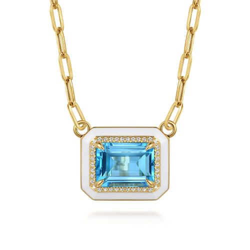 18K Yellow Gold Diamond and Blue Topaz Necklace With Flower Pattern J-Back and White Enamel