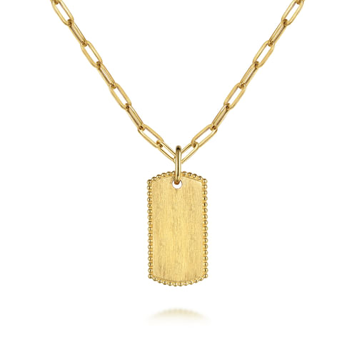 18K Yellow Gold Dog Tag Pendant Hollow Chain Necklace