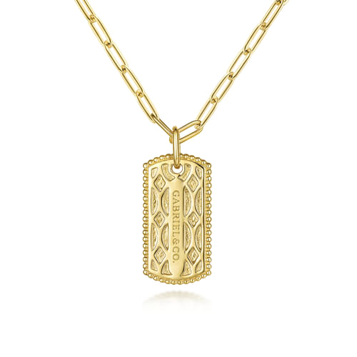 18K Yellow Gold Dog Tag Pendant Hollow Chain Necklace