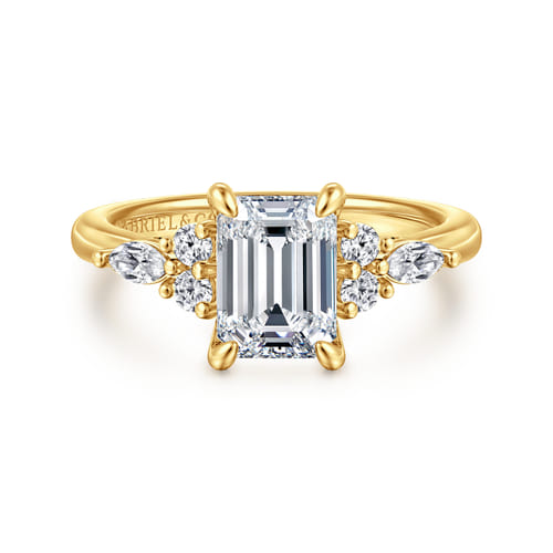 18K Yellow Gold Emerald Cut Diamond Cluster Engagement Ring