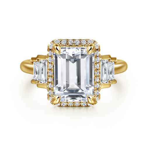 18K Yellow Gold Emerald Cut Halo Five Stone Diamond Engagement Ring