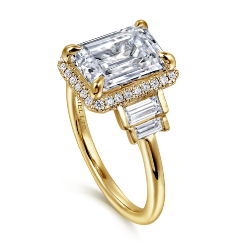 18K Yellow Gold Emerald Cut Halo Five Stone Diamond Engagement Ring