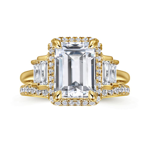 18K Yellow Gold Emerald Cut Halo Five Stone Diamond Engagement Ring