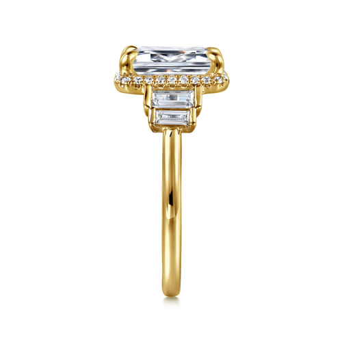 18K Yellow Gold Emerald Cut Halo Five Stone Diamond Engagement Ring