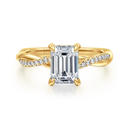 18K Yellow Gold Emerald Cut Twisted Diamond Engagement Ring
