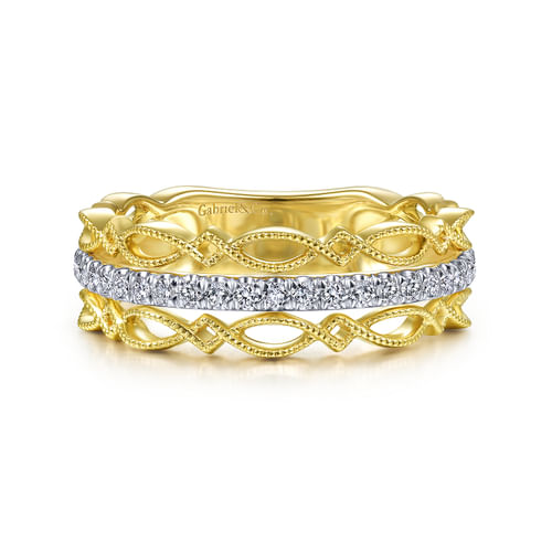 18K Yellow Gold Geometric and Diamond Three Row Ring