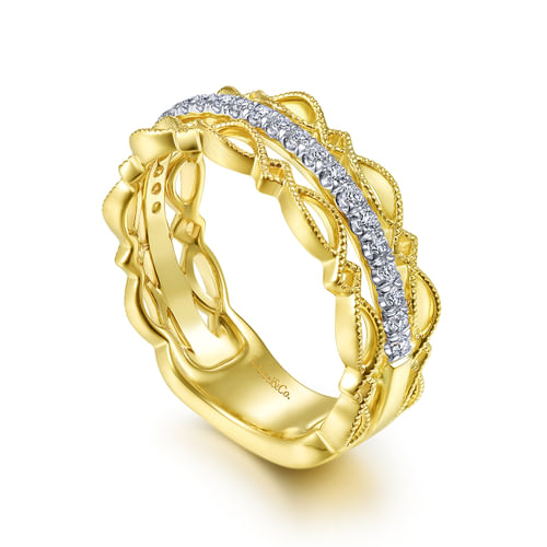 18K Yellow Gold Geometric and Diamond Three Row Ring