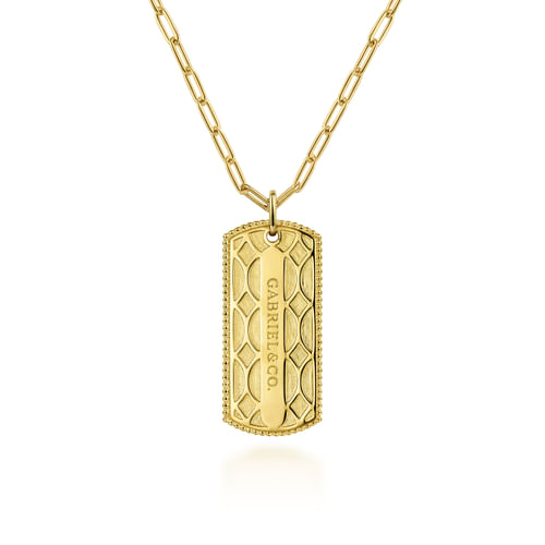 18K Yellow Gold ID Dog Tag Pendant Hollow Chain Necklace