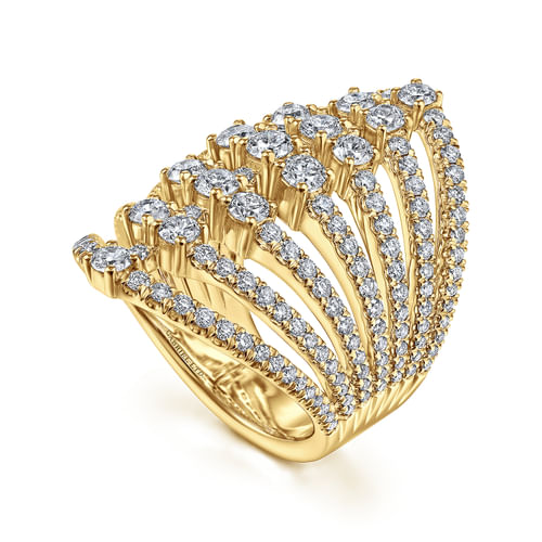 18K Yellow Gold Layered Diamond Fan Wide Band Ring