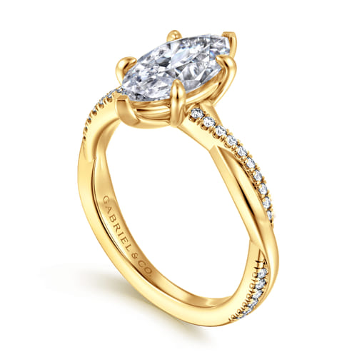 18K Yellow Gold Marquise Shape Twisted Diamond Engagement Ring