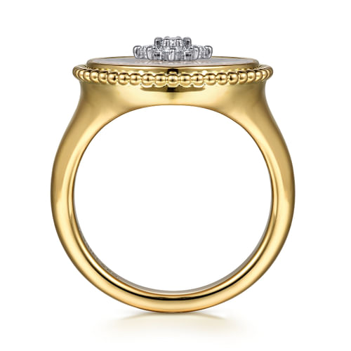 18K Yellow Gold Mother of Pearl Inlay and Diamond Snowflake Signet Ring