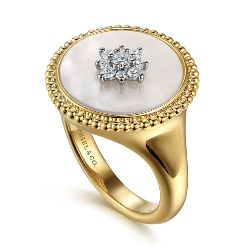 18K Yellow Gold Mother of Pearl Inlay and Diamond Snowflake Signet Ring