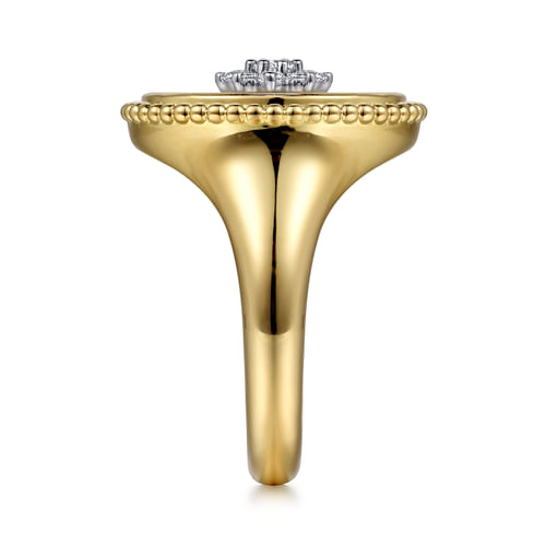 18K Yellow Gold Mother of Pearl Inlay and Diamond Snowflake Signet Ring