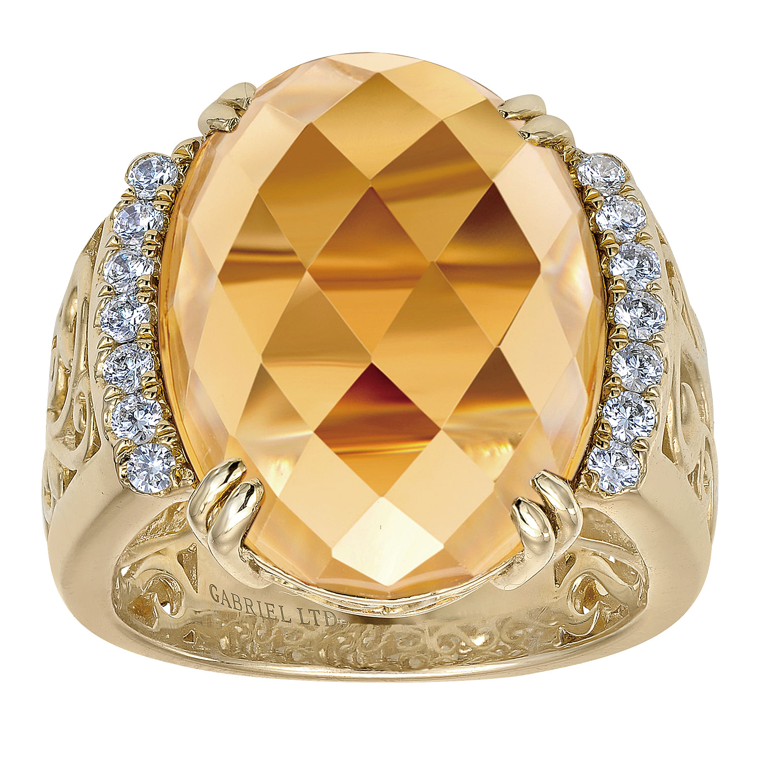 18K Yellow Gold Oval Citrine and Diamond Accent Wide Ring