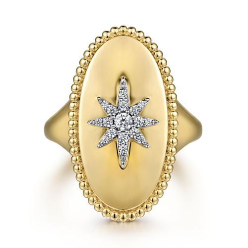 18K Yellow Gold Oval Diamond Starburst Signet Ring