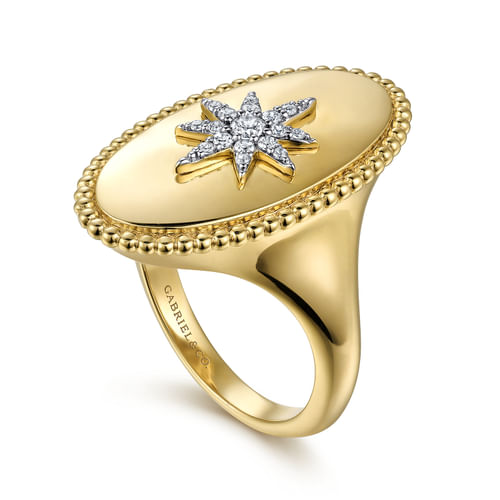 18K Yellow Gold Oval Diamond Starburst Signet Ring