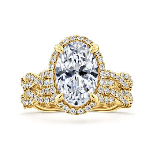 18K Yellow Gold Oval Halo Twisted Diamond Engagement Ring