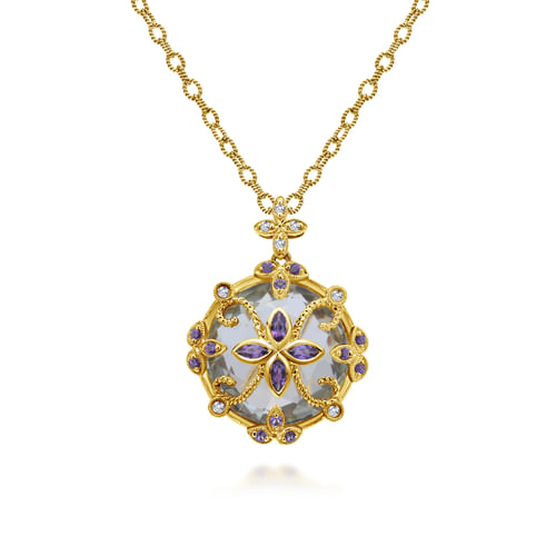 18K Yellow Gold Round Amethyst and Diamond Pendant Necklace